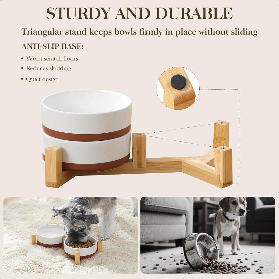 Ceramic Dog Bowls Dog Water Food Dish with Wood Stand NonSlip 14oz Pet Basic Bowls for Your Dogs or Cats Glaze Matte Weighted N