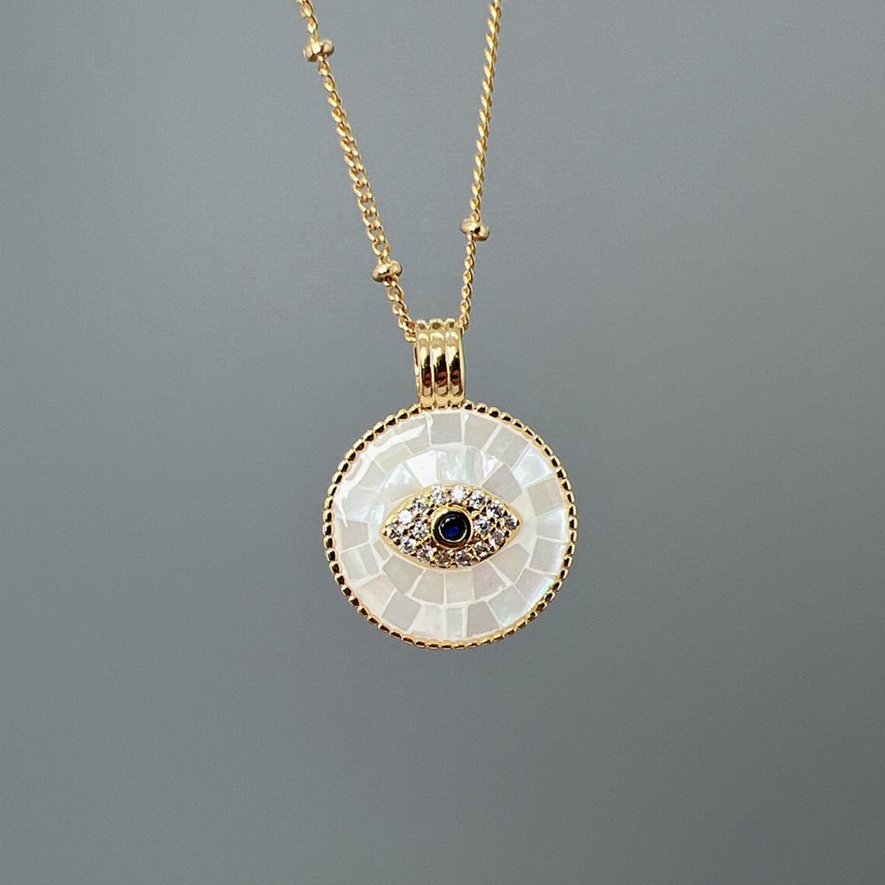 Collana alla moda con conchiglia rosa rotonda, cristallo, zircone, occhio maligno, per donna, placcata oro 18k PVD, gioielli da collo
