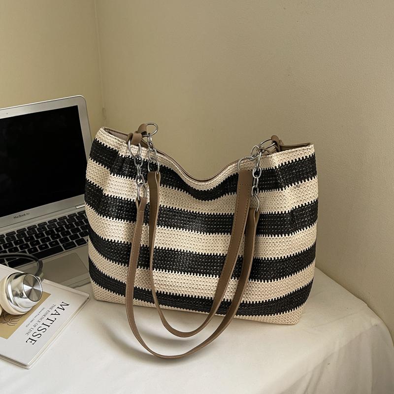 Seaside Holiday Beach Bag Women's Large Capacity Striped Straw Tote Bag