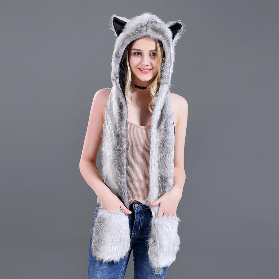 Cartoon Plush Hat Scarf Glove Set - Cute Faux Fur Cap