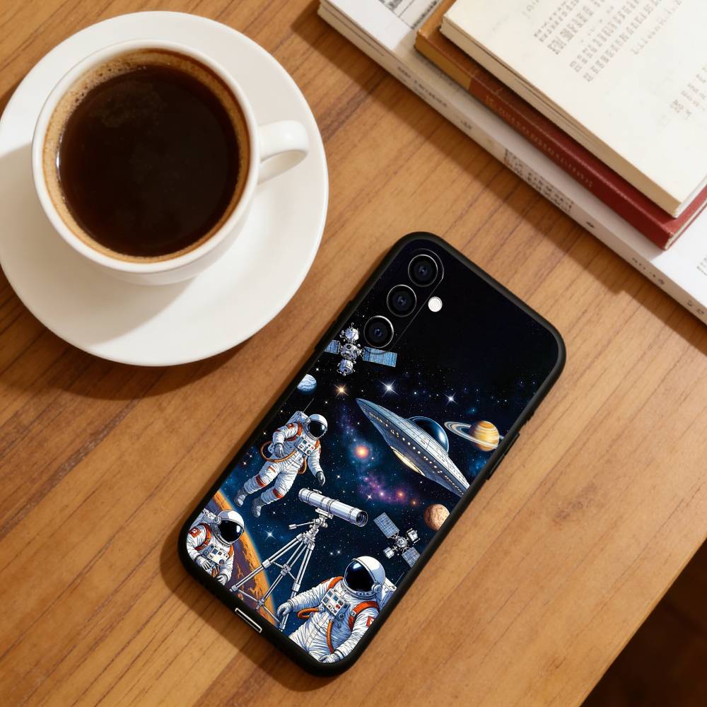Retro Astronaut Theme Phone Case For Samsung Galaxy A73,A72,A71,A70,A53,A52,A51,Soft Silicone Black Cover