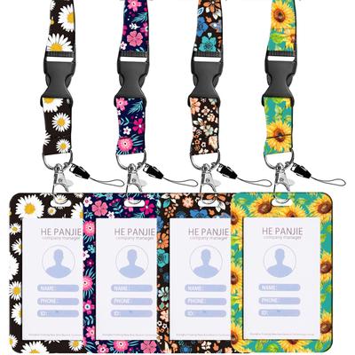 Floral Printed Lanyard ID  Card  Holder With Retractable Easy-pull Buckle Fashionable Sturdy Badge