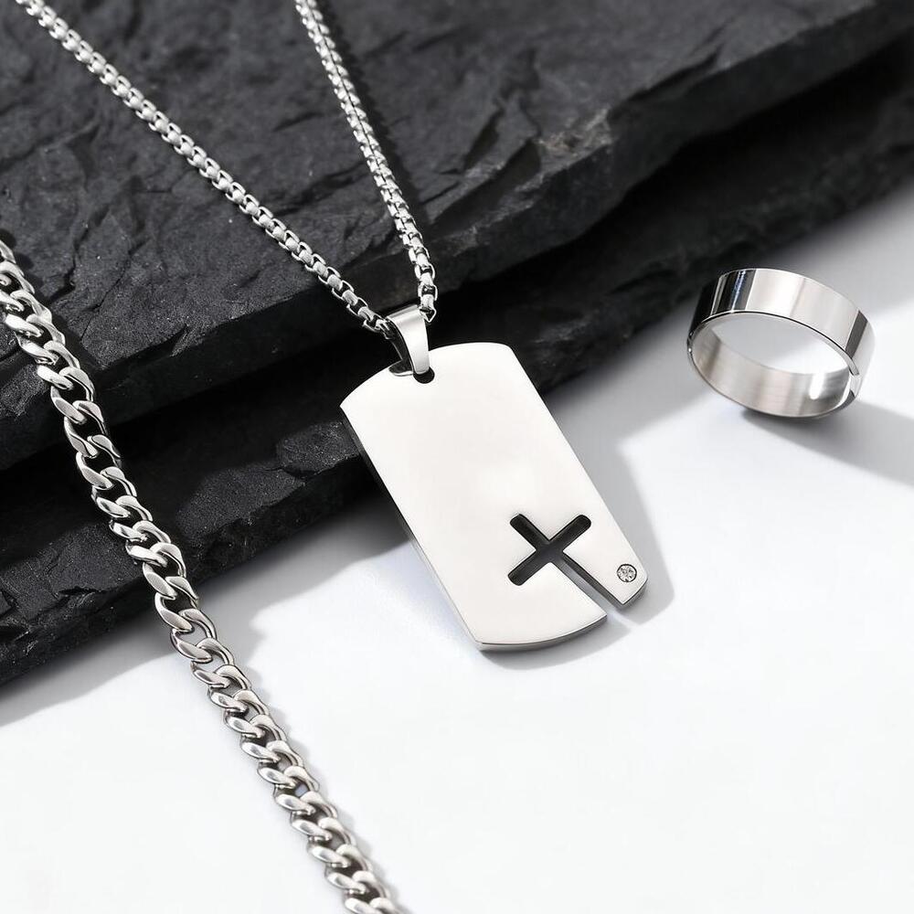 3pcs/set Dogtag Necklace for Men Boys,Stainless Steel Cuban Chain Bracelet,Waterproof Bend Ring Set Gift