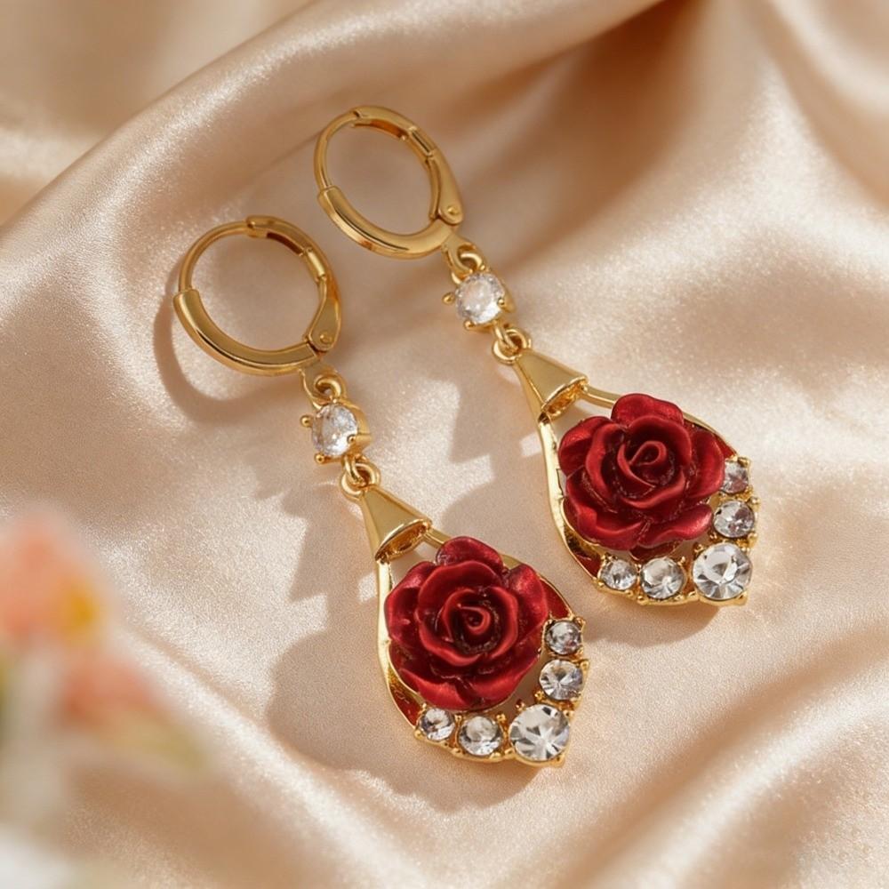 Retro-style Red Rose Earrings Fashionable Rose Teardrop Earrings New Rose Rhinestone Earrings