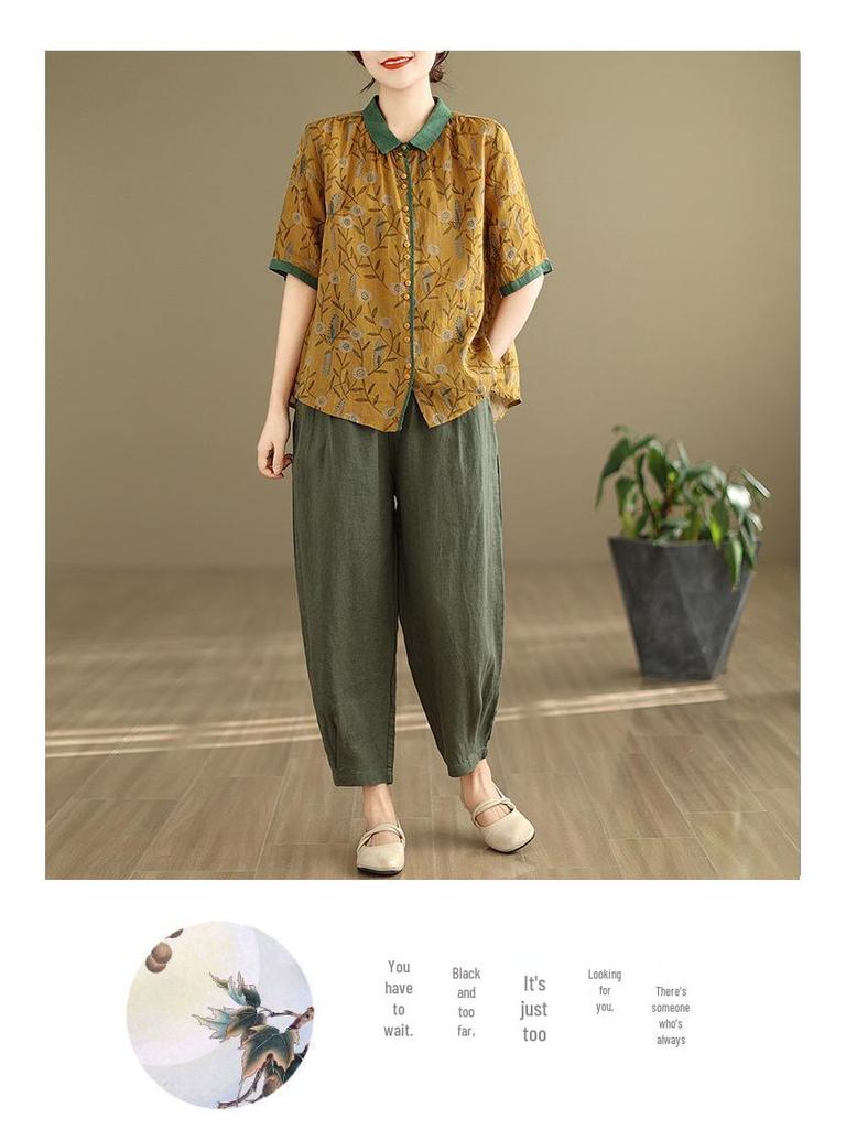 2025 Κορεάτικου Στυλ Μεγάλο Μέγεθος Αδυνατιστικό Ρετρό Δύο Τεμαχίων Βαμβακερό Λινό Καλοκαιρινό Κοστούμι για Γυναίκες