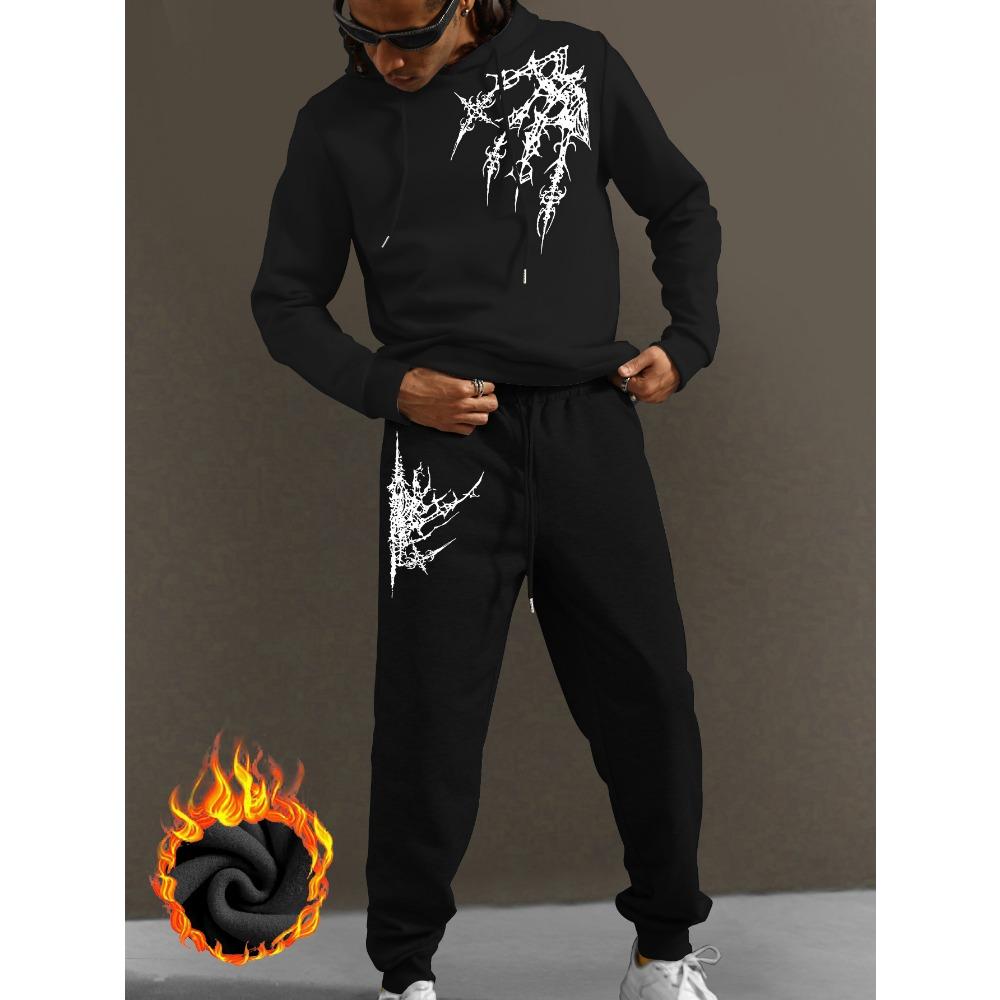 Herren modische Sportbekleidung mit Kapuze, lässiges Set, normale Passform, bedrucktes Design, mit Taschen