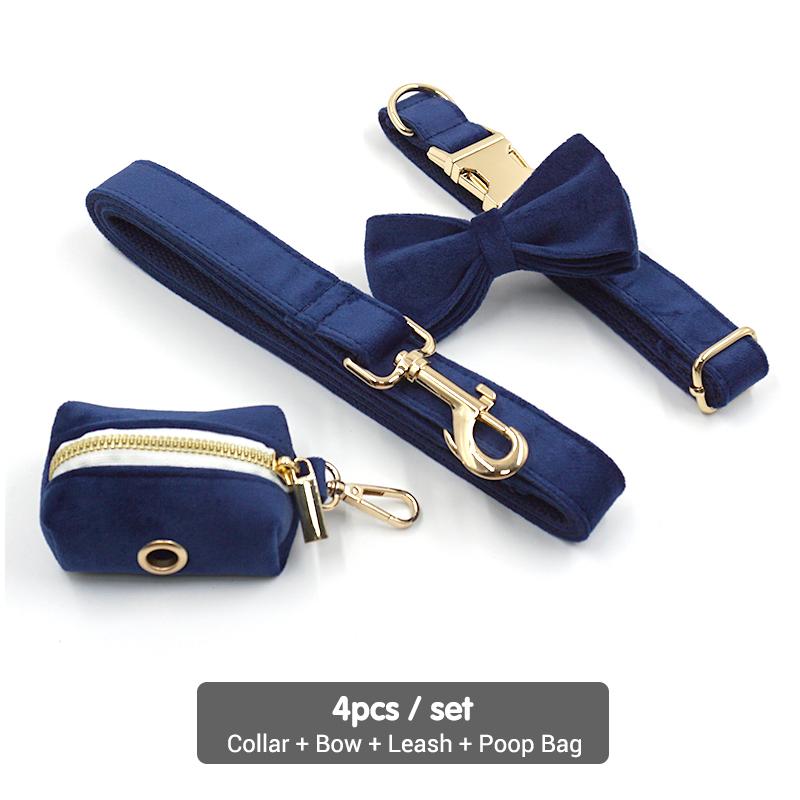 Diepblauw Fluweel Hondentuig Luxe Designer Hondenhalsband Lijn Set Strik Huisdierenhalsband Met Wandellijn Huisdier Accessoires (as the picture,M Neck 42-48cm)