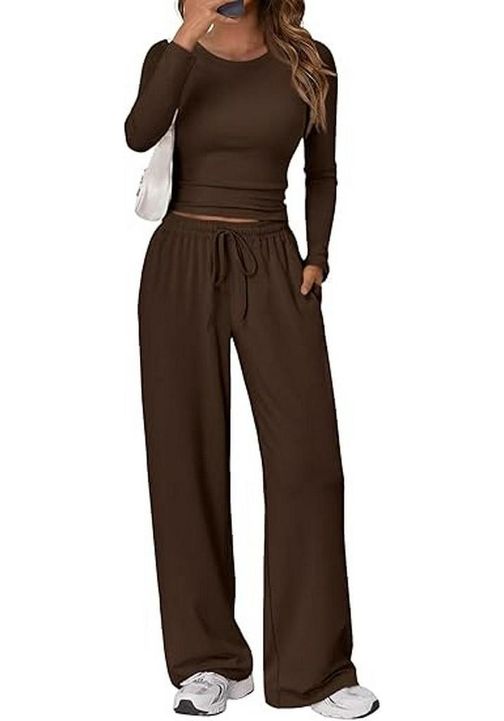 2025 European Cross-Border Spring/Autumn Solid Color Drawstring Waist Long Sleeve and Straight Leg Pants Casual Two-Piece Set
