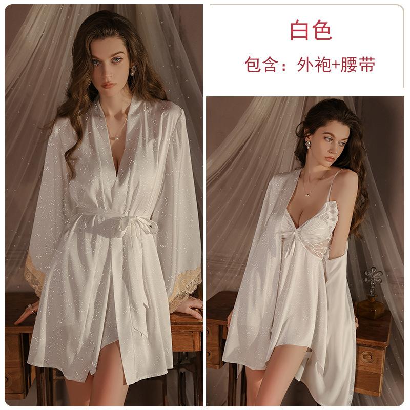 Women's Plus Size Push Up Padded Backless Cami Sleep Dress with Robe Lounge Set