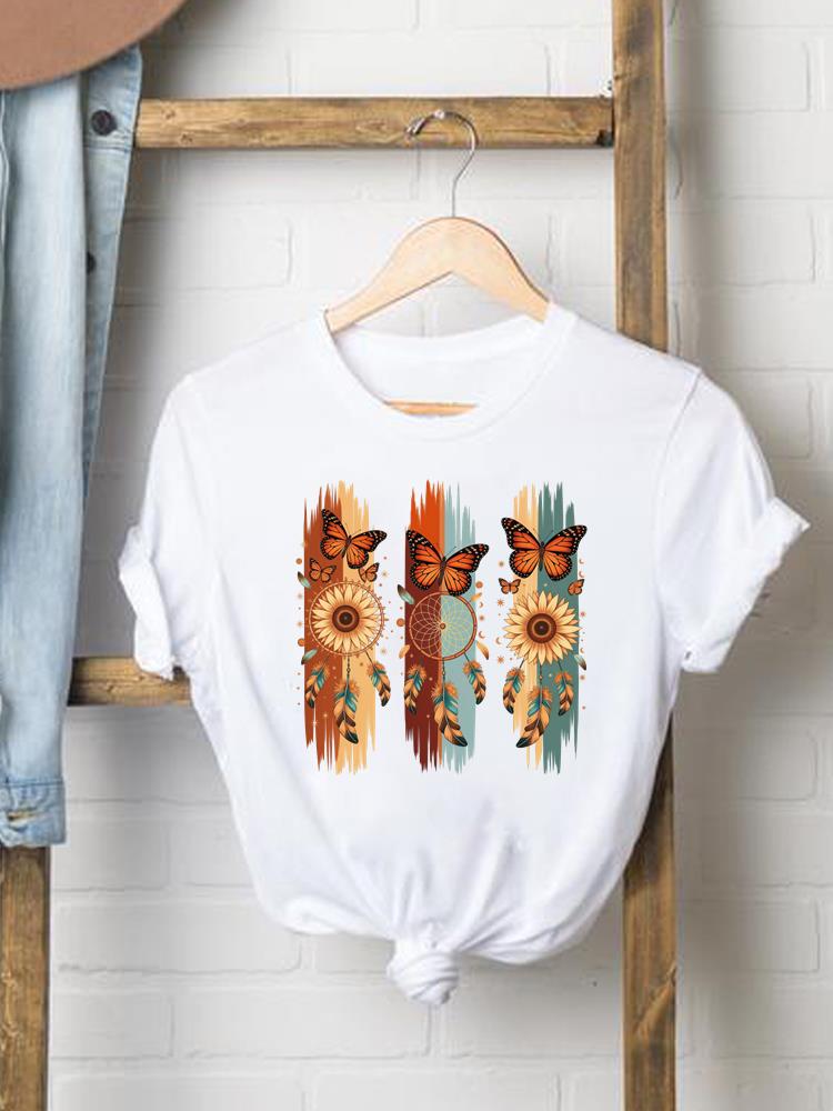 (Asiatische Größe) Blume Schmetterling süß 90er Jahre Frau Druck Damenbekleidung Kurzarm T-Shirt Mode Tee Top Damen Grafik-T-Shirts