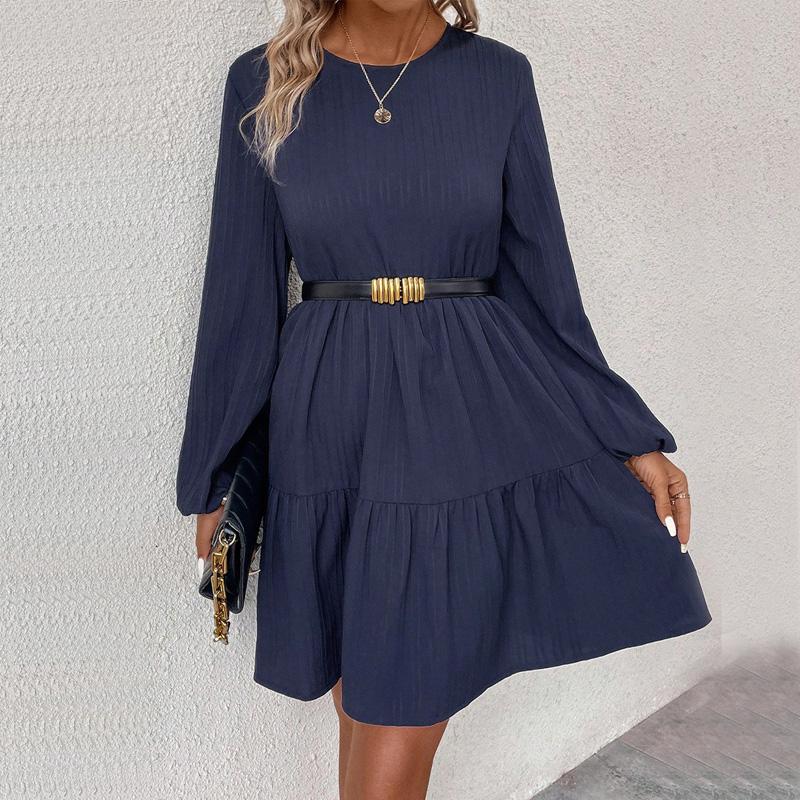 Frühling Herbst einfach lässig Locker Mini Kleid O-Ausschnitt Rüschen Langarm einfarbige Kleider y2k Kleid Damenbekleidung vestidos de mujer