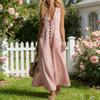 Women's V Neck Long Dress Summer Sleeveless A-line Swing Dress Casual Button Down Flowy Beach Sundress with Pockets