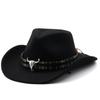Black Soft Felt Waterproof Sweatband Traditional Wide Brim Men and Women Western Outback Cowboy Hat With Bull Head Fedora Cap