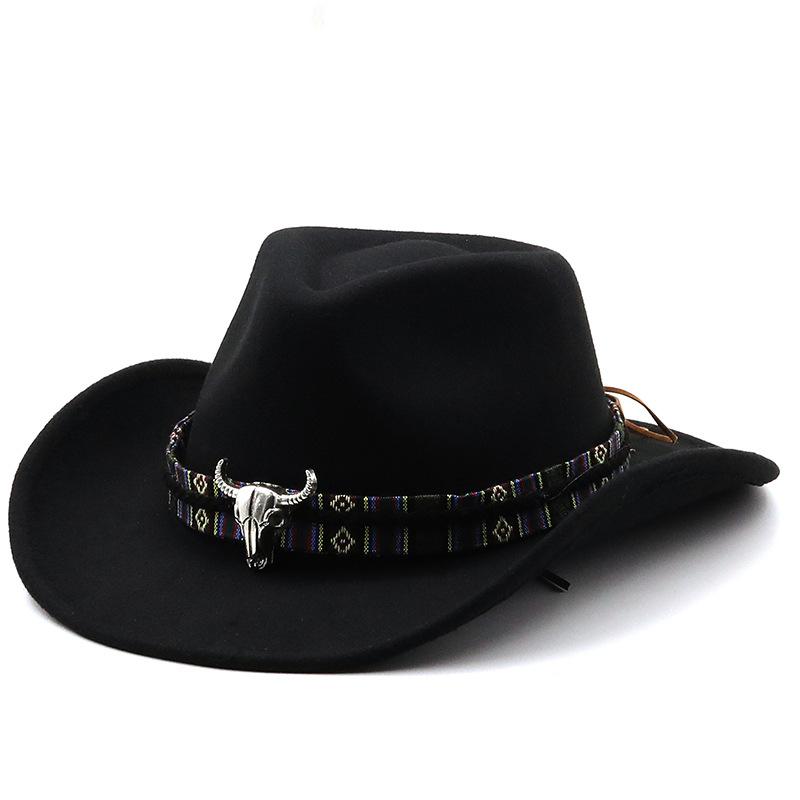 Black Soft Felt Waterproof Sweatband Traditional Wide Brim Men and Women Western Outback Cowboy Hat With Bull Head Fedora Cap