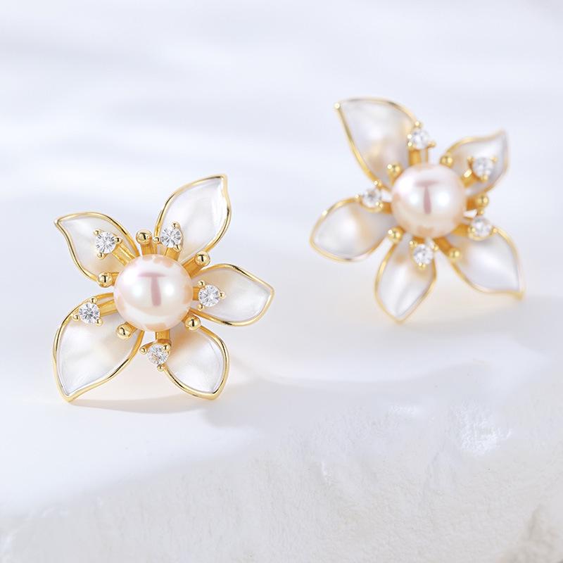 925 Sterling Silver Zircon Fairy Petal Earrings with Freshwater Pearl Design