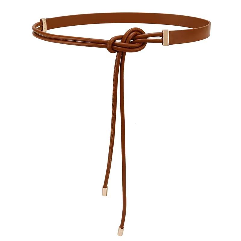 

Винтажный длинный кожаный веревочный женский пояс с узлом, однотонный корейский тонкий пояс для женского платья, юбки, декоративные ремни коричневый