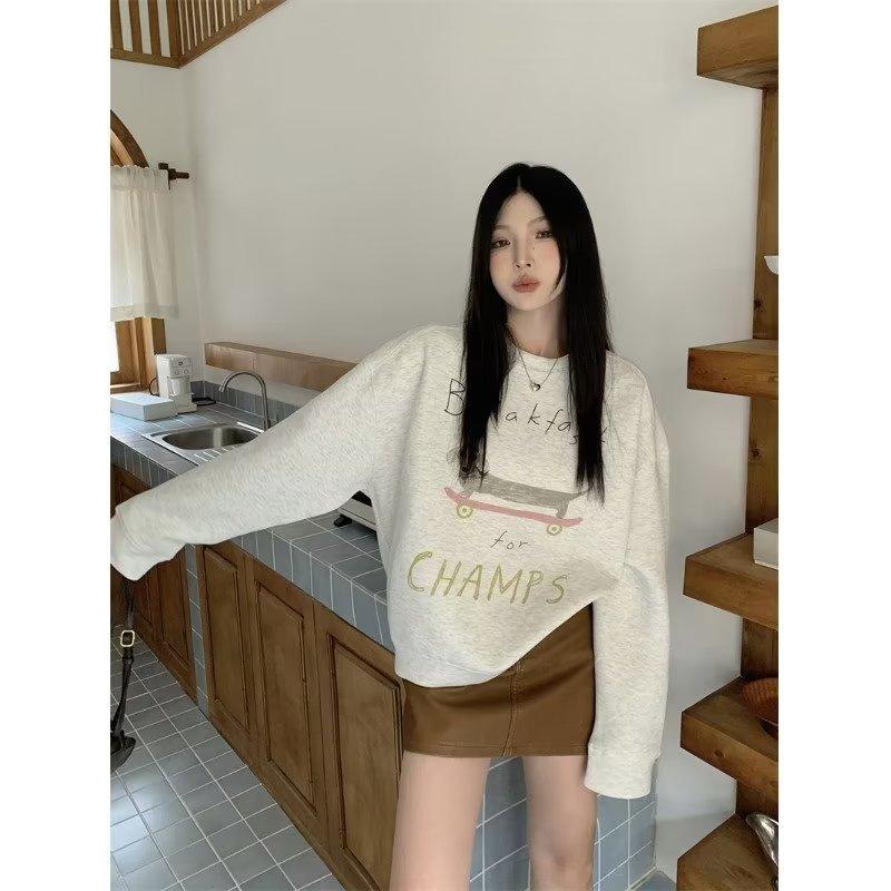 Women Cartoon Print Sweatshirt Casual Long Sleeve Crewneck Pullover Tops Loose Sweatshirts Letters Printed Hoody