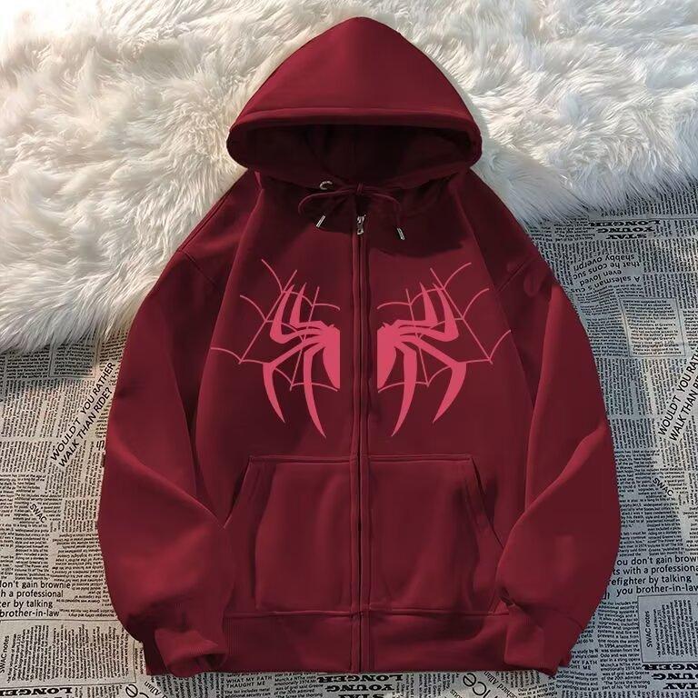 Retro Spider Print Fleece Hooded Sweater Autumn and Winter 2026 New Trendy Brand Loose Niche High Street Jacket