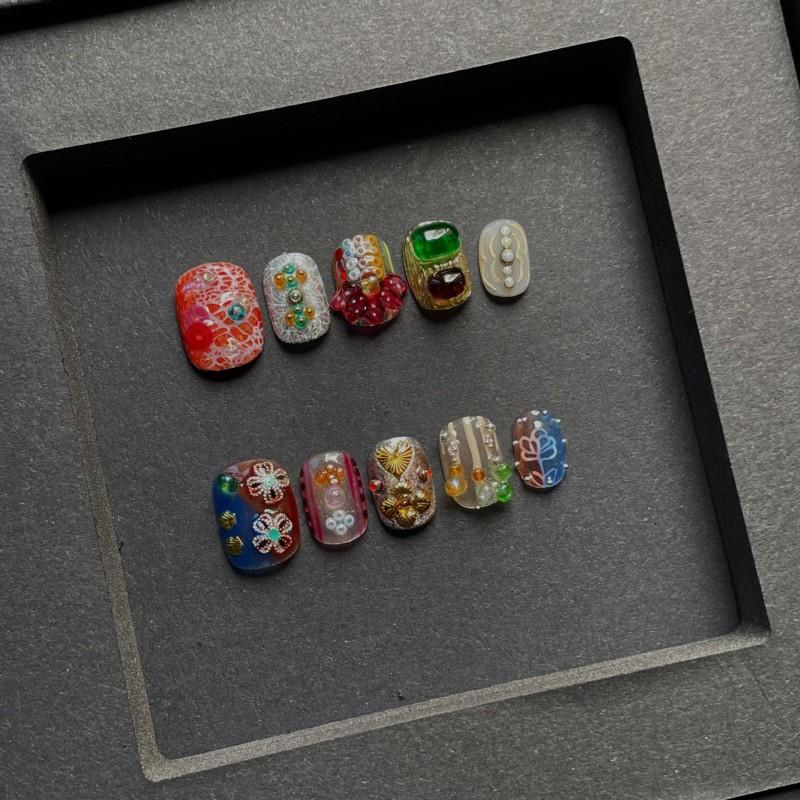 Hand-Painted Short Press-On Nails Artistic Design Wearable Acrylic Tips Women Extra Small