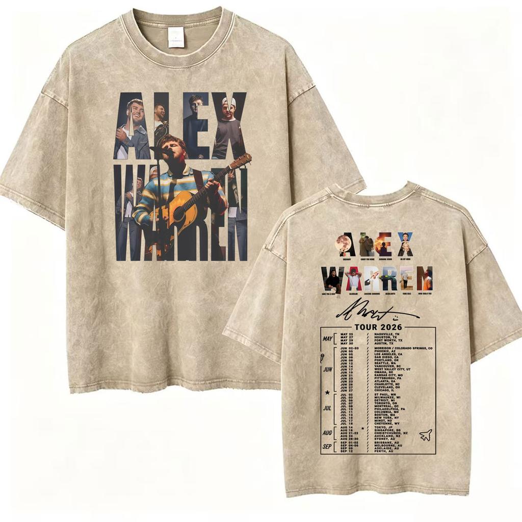 Alex Warren Moon Kunstwerk Musiktour 2026 Vintage Washed T-Shirt Herren Damen Mode Punk Hip Hop T-Shirts Sommer Oberteile Lockeres T-Shirt