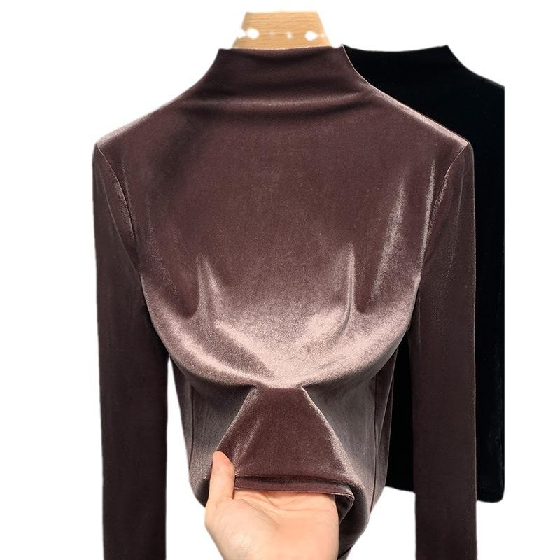 Half Turtleneck Base Blouse for Women Latest Womens Single Color Velvet Long-sleeved T-shirt Thermal Inner Waist Top