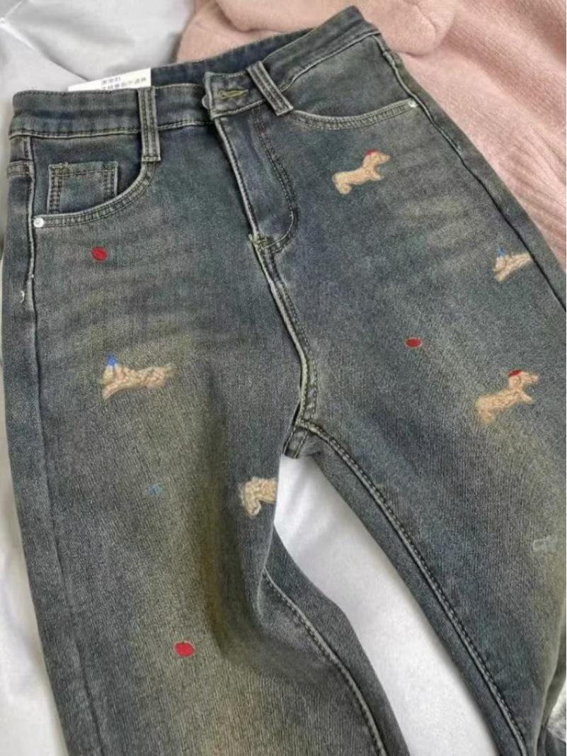 Women s Sausage Dog Embroidered Velvet Flare Jeans - High-Waisted Slimming, Washed Vintage, Winter-Ready, Elastic Fit L
