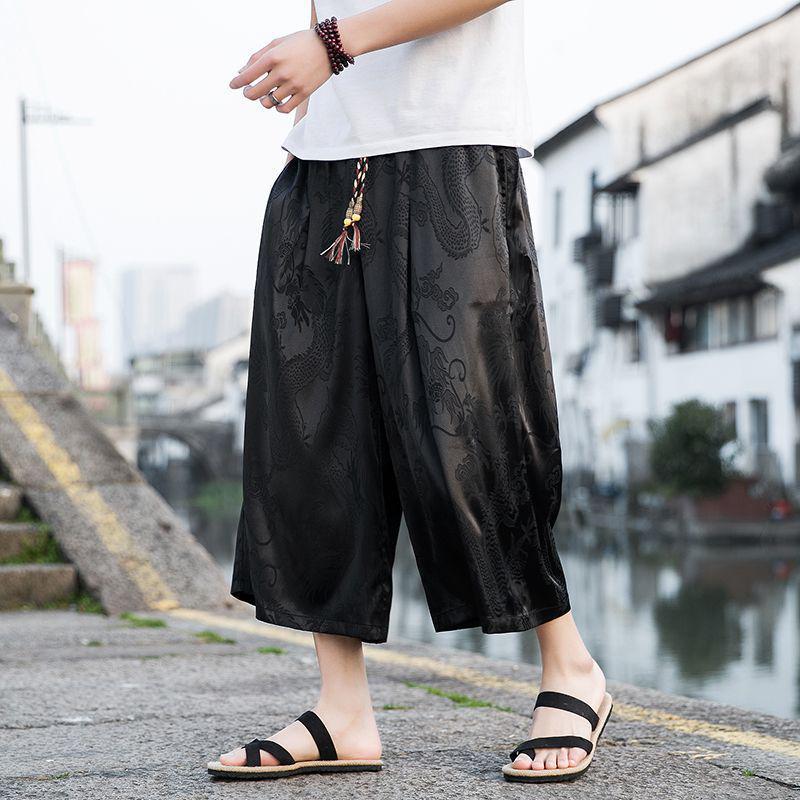 

Мужские ретро-шорты с широкими штанинами и узором «Дракон» из ледяного шелка M (Weight 90-120 jin) чёрный