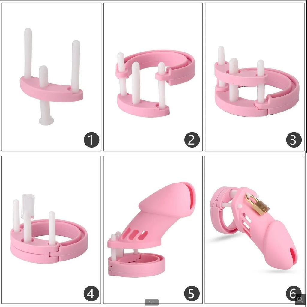 Pink Soft Silicone Male Chastity Cage Device Small/Large Lockable Ring Sex Toys with 5 Cock Ring Penis Sleeve for Men BDSM