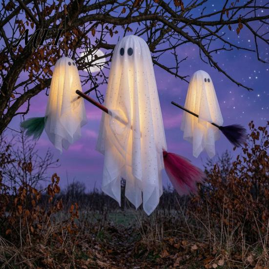 Hanging Ceiling Party Accents 3 Pcs Halloween Ghost Decorations, Spooky with Broom, Outdoor Seasonal Supplies Large Flying White for Tree Porch
