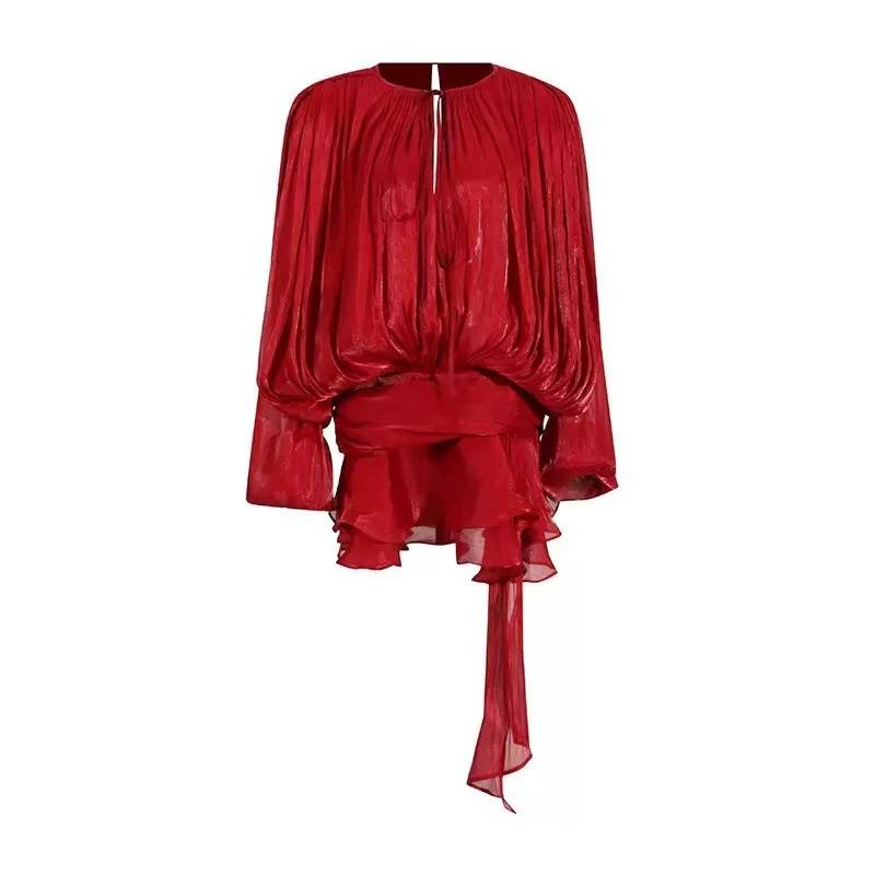 Conjunto de dos piezas de falda corta con volantes y manga abullonada estilo francés, vestido corto