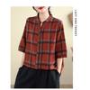 Cotton and Linen Plaid Shirt Summer New Retro Loose and Versatile V-neck Stand-up Collar Short-sleeved Shirt