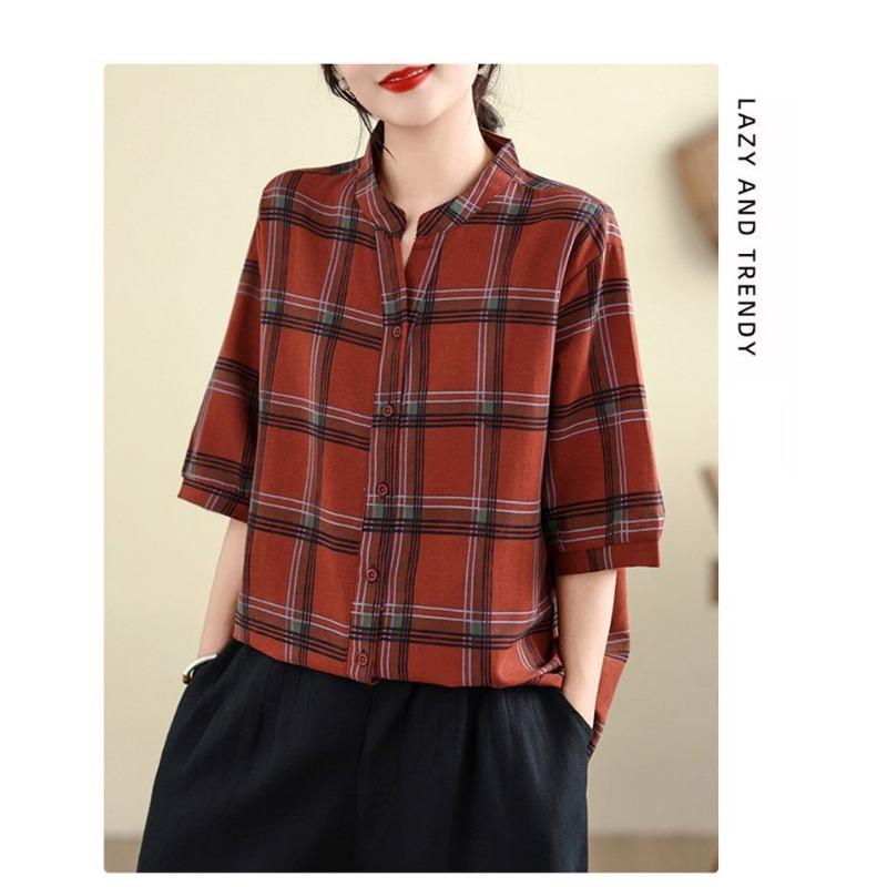 Cotton and Linen Plaid Shirt Summer New Retro Loose and Versatile V-neck Stand-up Collar Short-sleeved Shirt
