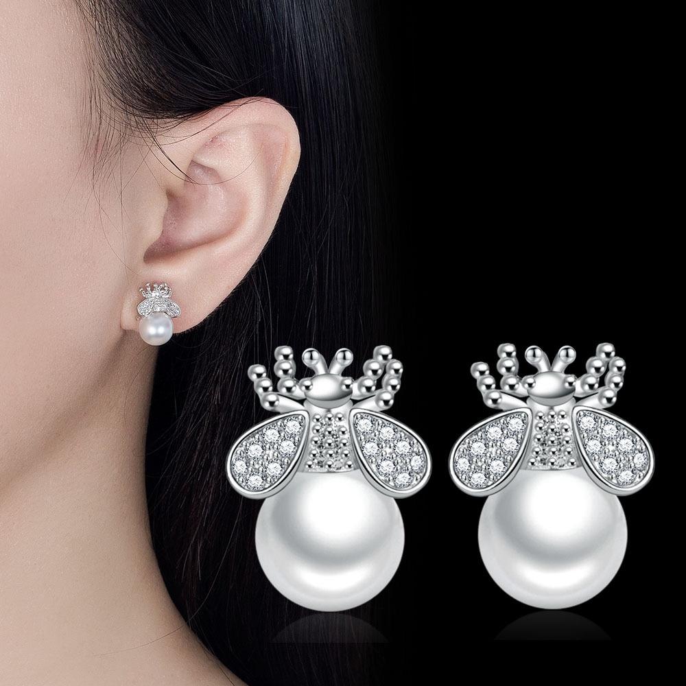 Animal Cute Female White Zircon Pearl Bee Stud Earrings Trendy Fashion Silver Gold Color Wedding Jewelry For Women