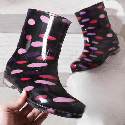 Women's Crystal Floral Dot Mid-Tube Rain Boots - Thickened Rubber, Transparent Sole, Waterproof for Kitchen Use