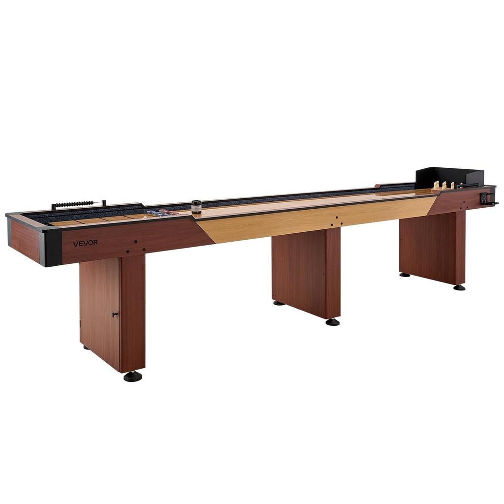 Tavolo Shuffleboard da 3,7 m, Set Combo 2 in 1 Shuffleboard e Bowling, Tavolo Shuffleboard con Finitura in Legno Rustico, Piano di Gioco Resistente ai Graffi, 8 Dischi,