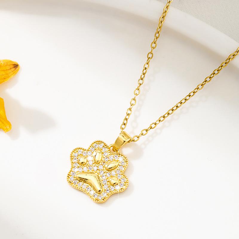 Fresh Sweet Cat Paw Pendant Necklace with Zircon Inlay, Stainless Steel Fashion Jewelry