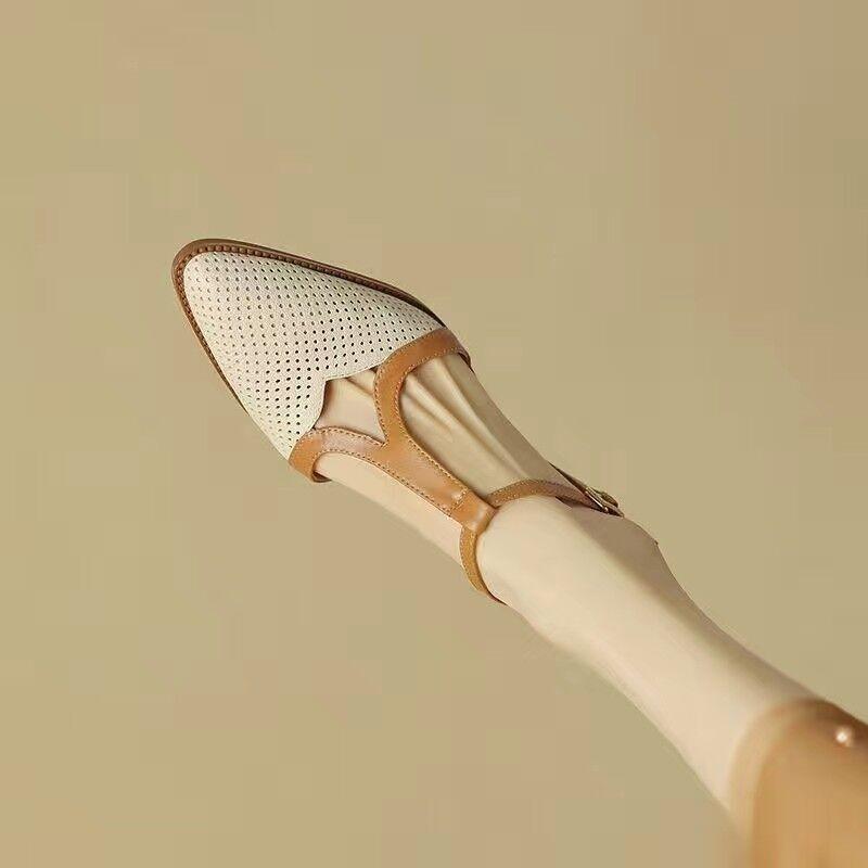 Fashion NEW Summer Women Sandals Split Leather Shoes for Women Simple Pointed Toe Chunky Heel Shoes Cover Toe Slingback Designer Sandals