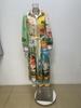 Spring 2026 European & American Women's Fashion: Belted Waist-Cinching Printed Lantern Sleeve Long Dress