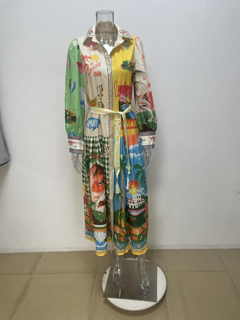 Spring 2026 European & American Women's Fashion: Belted Waist-Cinching Printed Lantern Sleeve Long Dress