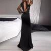 Sexy Bodycon Maxi Dress for Women V Neck Long Sleeve Mesh Sequin Dress Ruffle Side Split Wedding Guest Cocktail Party Dress