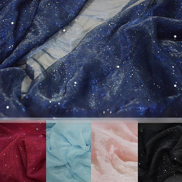 Stars Sequins Pleated Chiffon Fabric Bronzing By The Meter for Clothing Hanfu Dresses Sewing Plain Thin Textile Soft Breathable