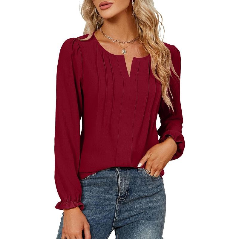 QICED Blusas y camisas con cuello en V de manga larga con estampado de color sólido informal a la moda para mujer