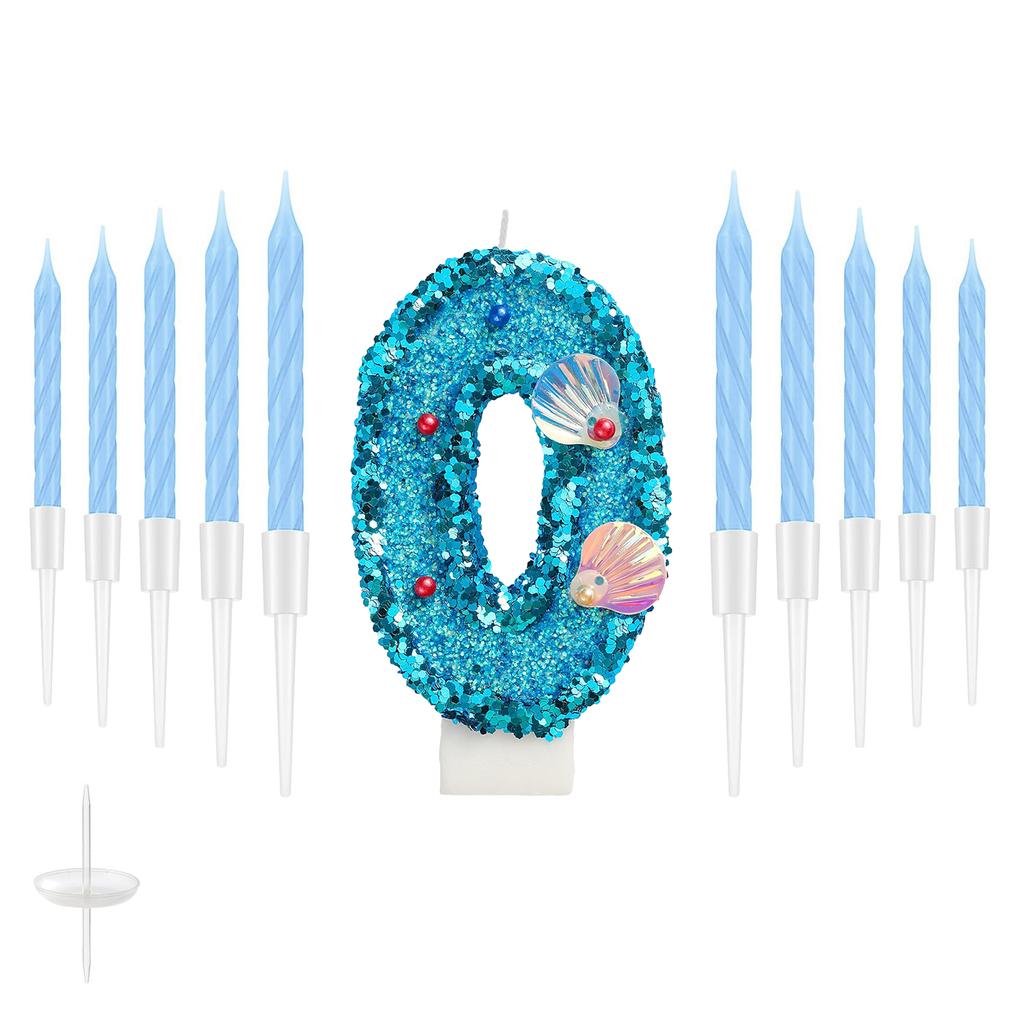 11pcs Blue Number Candle,Shell Sequins Number Candles for Birthday Cakes Mermaid Themed Party Supplies Number 0-9 Candle