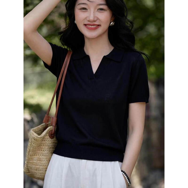 Basic House Women's Black Lapel Tencel Knit Top