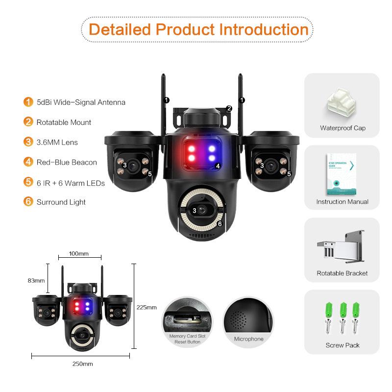 iCsee 3-Lens Multi-View HD WiFi Camera with Alarm Light - Indoor/Outdoor, Full-Color, Remote-Controlled via Mobile.