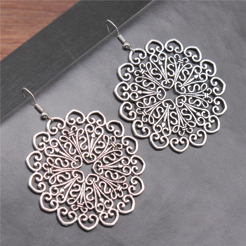 Bohemia Vintage Carve Mandala Flower Antique Silver Color Drop Dangle Earring For Women Girl Antique Hollow Jewelry