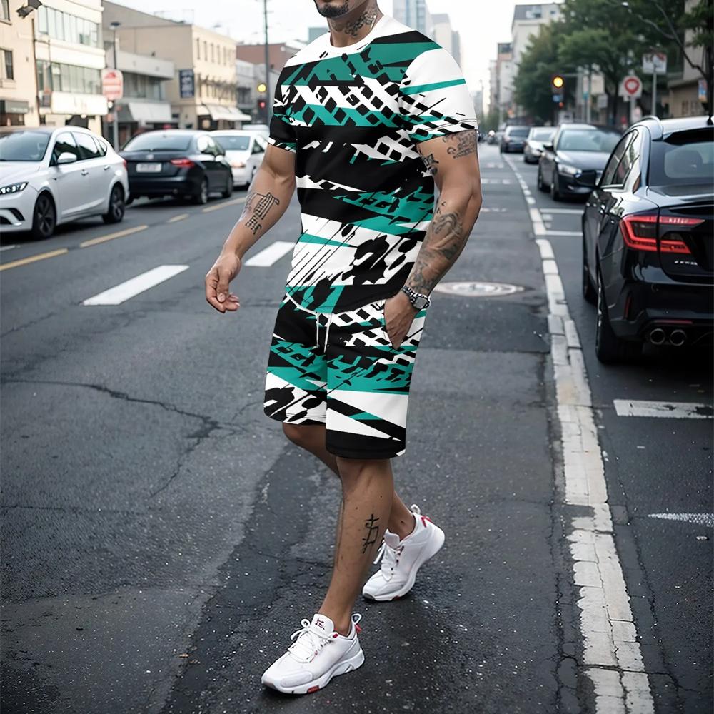 Summer men's casual 3D knife printed T-shirt set fashionable  creative O-neck T-shirt+shorts outdoor trendy sportswear