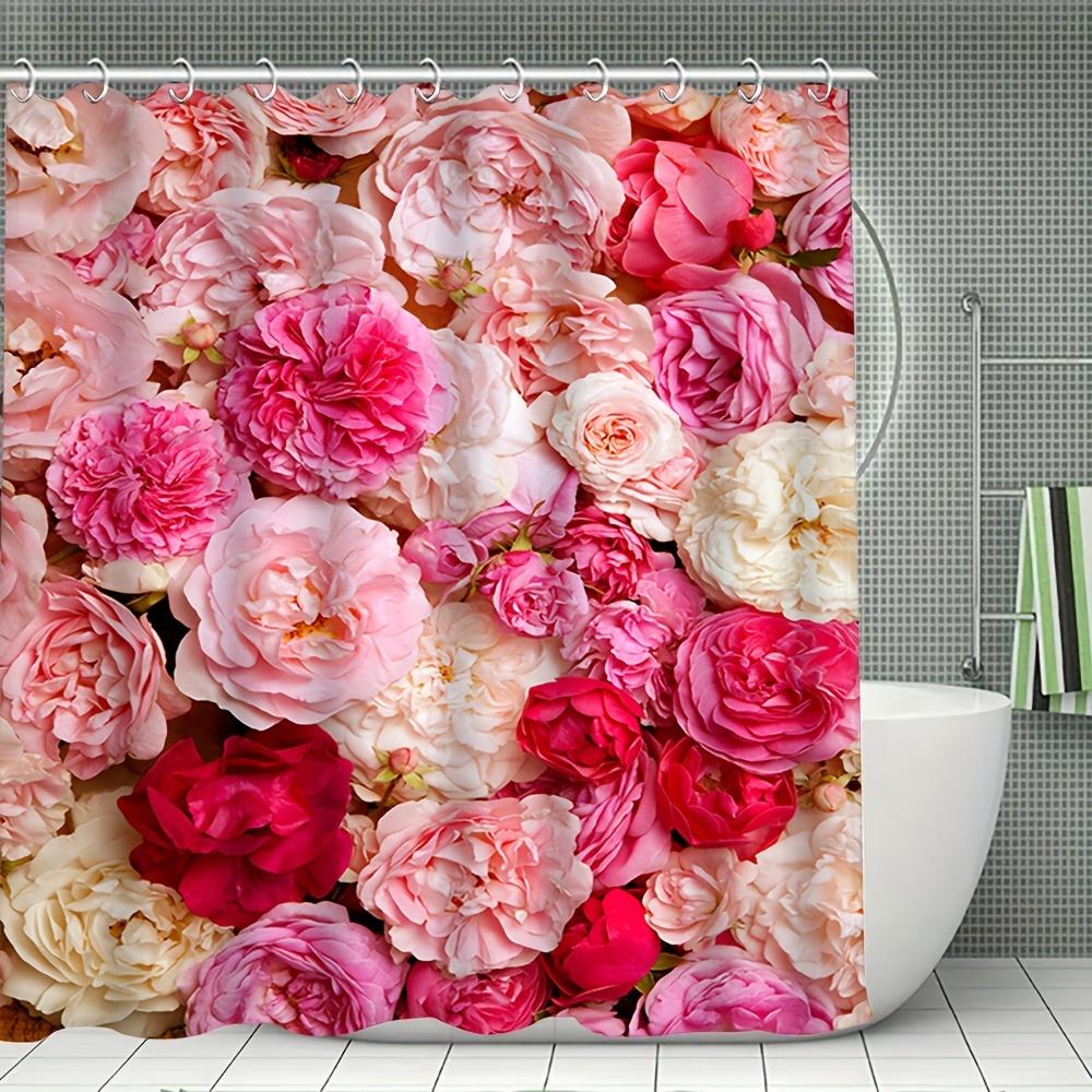 Vibrant Pink Roses Print Waterproof Shower Curtain For Bathroom, Luxurious Floral Design High-End Toilet Partition Curtain