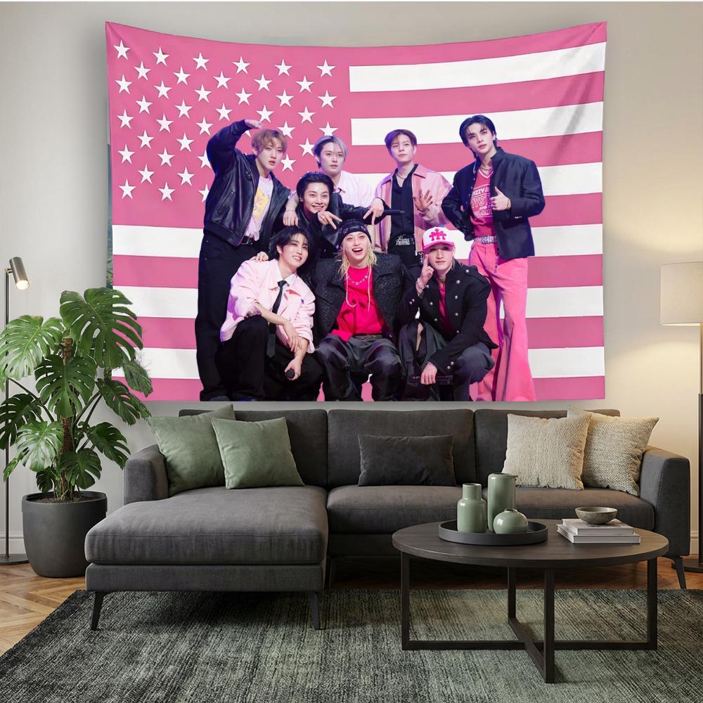 SKZ 2025 Tour Pink American Flag Tapestry SKZ Group Stage Photo Wall Hanging Kpop Merch For Stay Room Decor Flat Print