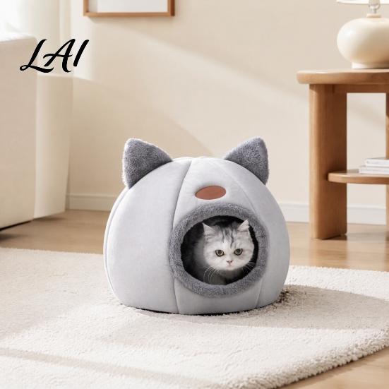 Comfortable Kitty Shelter Plush Cat Cave Bed with Ears Enclosed Cozy Hide Bed Non-slip Lovers Gift Bottom Warm Winter Pet Nest for Indoor